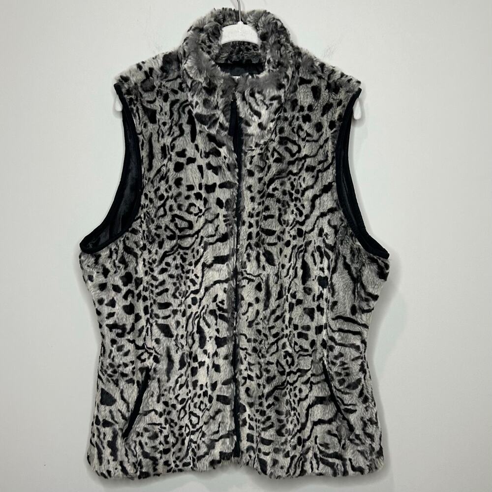 Coldwater Creek Faux Fur Animal Print Vest Size L Full Zipper Pockets Mob Wife
